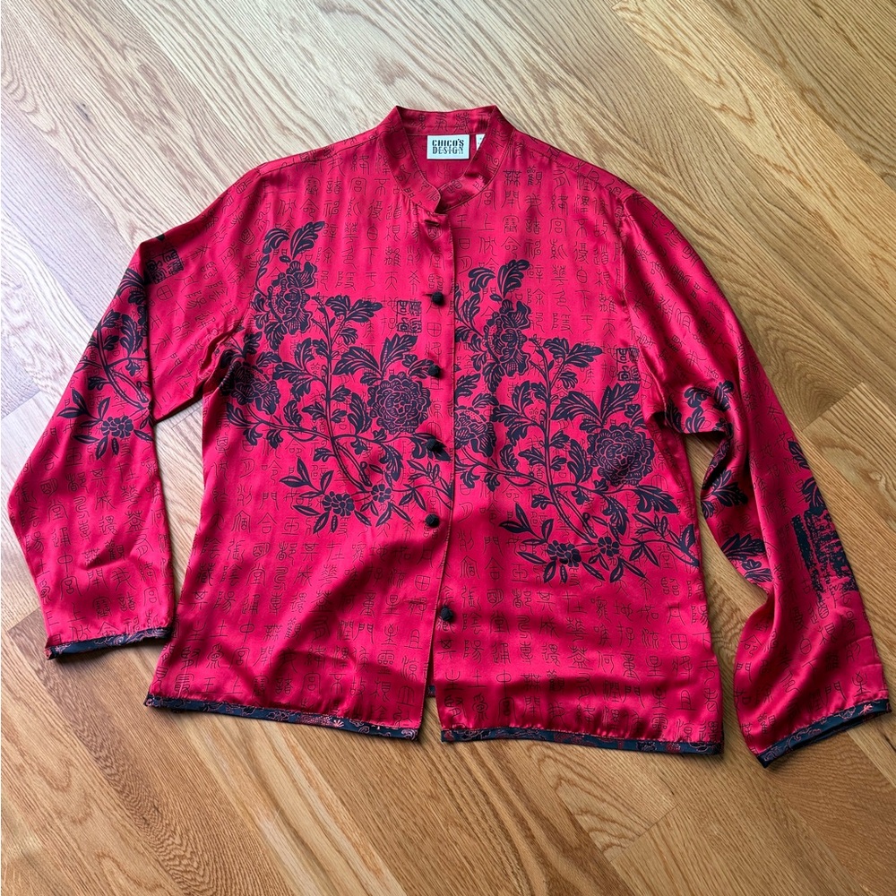 Chico’s D•E•S•I•G•N Vintage Red Silk Floral Button-Up Jacket